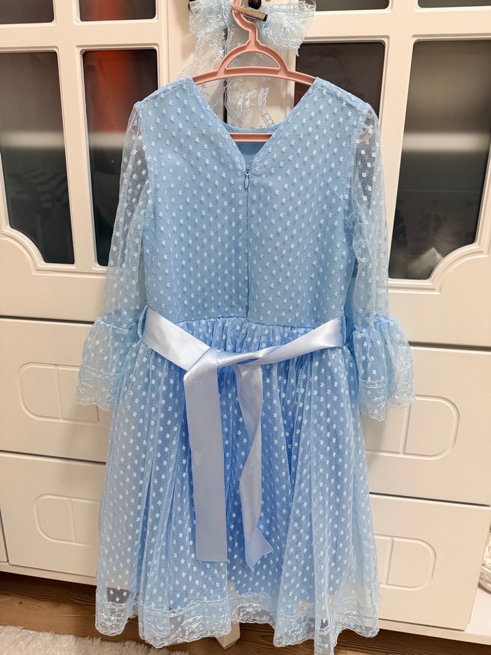 Mavi Kız Çocuk Dantelli Elbise - Görsel 4