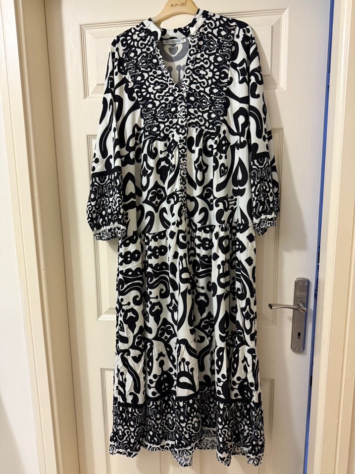 Bohem Siyah Desenli Uzun Elbise - Görsel 2