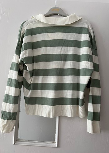 Yeşil beyaz Çizgili Uzun Kollu triko  Kadın Kazak - Görsel 3