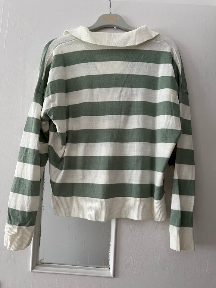 Yeşil beyaz Çizgili Uzun Kollu triko  Kadın Kazak - Görsel 3