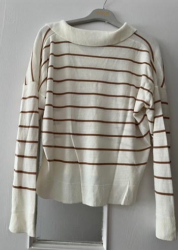 Kahve Çizgili Pamuklu Kadın Triko Kazak - Görsel 4