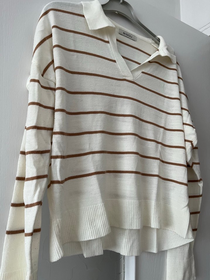 Kahve Çizgili Pamuklu Kadın Triko Kazak - Görsel 3