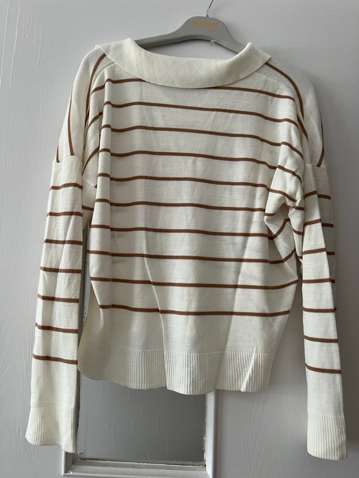 Kahve Çizgili Pamuklu Kadın Triko Kazak - Görsel 4