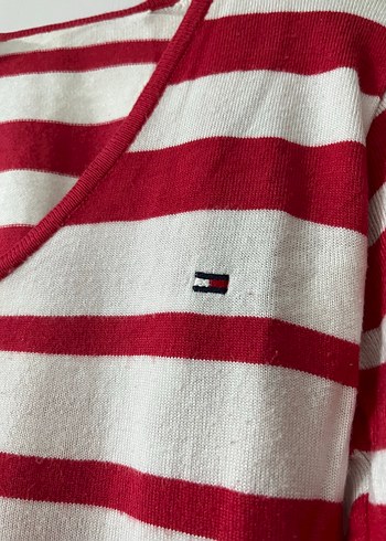 Kırmızı Beyaz Çizgili Kadın Triko - Görsel 2