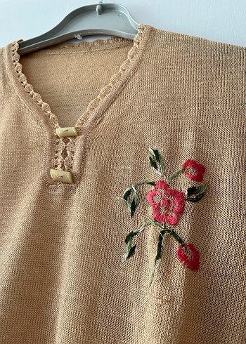 Nakışlı Bej Bohem Örgü Kadın Kazak - Görsel 2