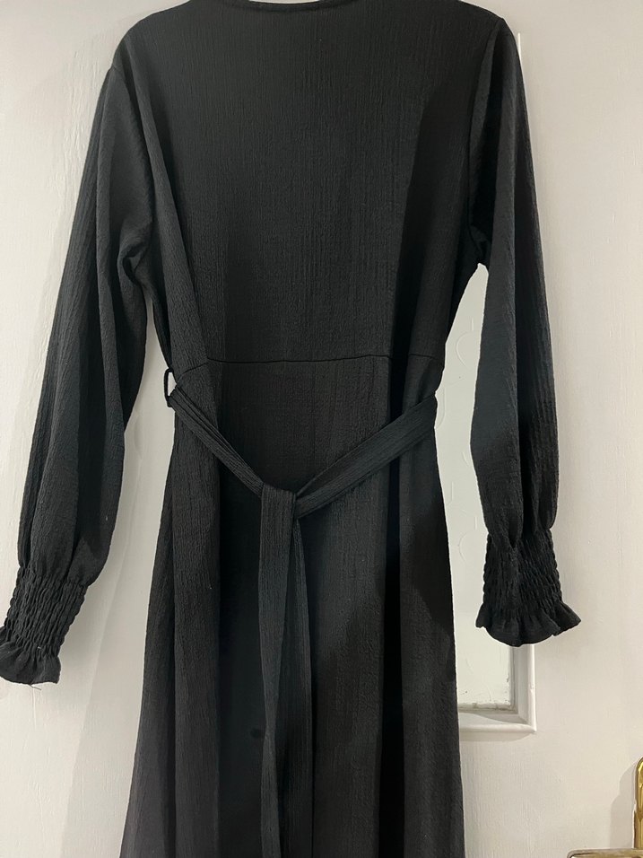 Siyah Uzun Kollu Kemerli Uzun Elbise - Görsel 3