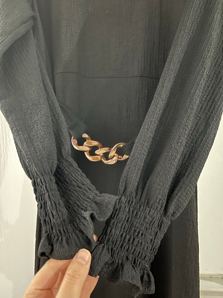 Siyah Uzun Kollu Kemerli Uzun Elbise - Görsel 4