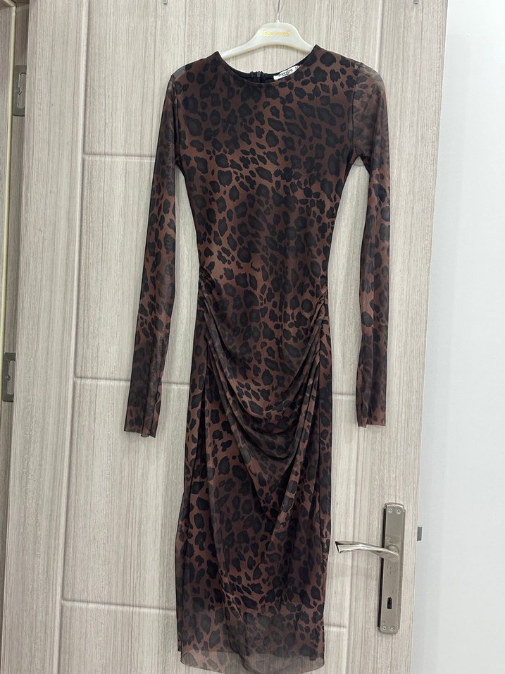 Leopar Desenli Uzun Kollu Mini Elbise - Görsel 2