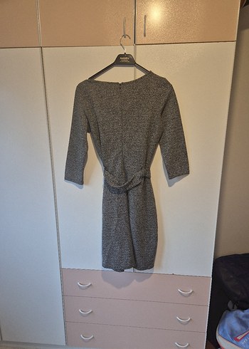 Gri Midi Elbise, Kemerli, Uzun Kollu - Görsel 5