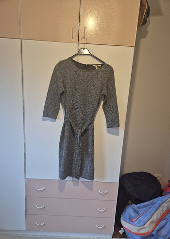 Gri Midi Elbise, Kemerli, Uzun Kollu - Görsel 2