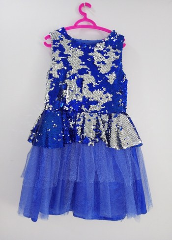 Mavi Payetli Tüllü Kız Çocuk Elbisesi - Görsel 4