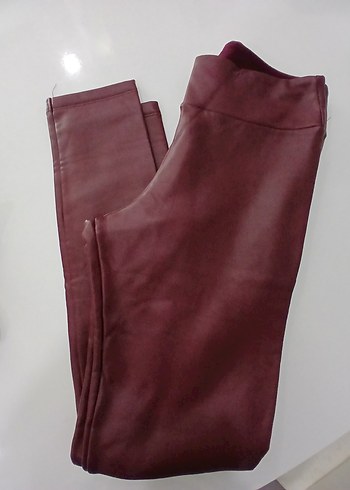 Deri Görünümlü Bordo Kadın Tayt - Görsel 5