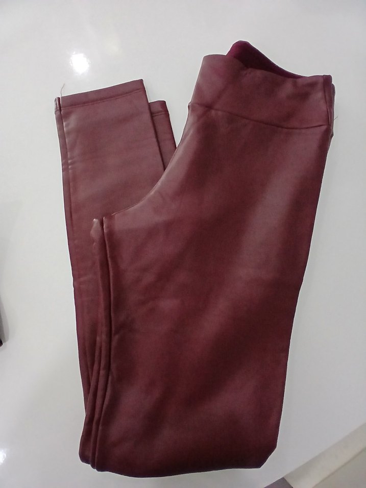 Deri Görünümlü Bordo Kadın Tayt - Görsel 5