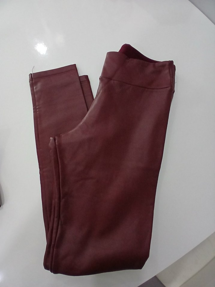 Deri Görünümlü Bordo Kadın Tayt - Görsel 2