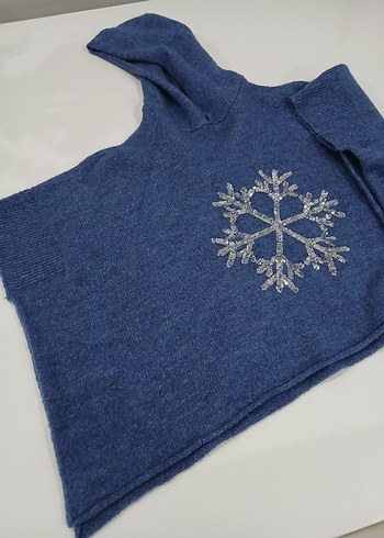 Kız Çocuk Kapüşonlu Nakışlı Triko Panço - Görsel 2