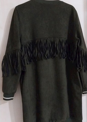 Haki Uzun Kollu Püsküllü Süet Kadın Kaban - Görsel 2