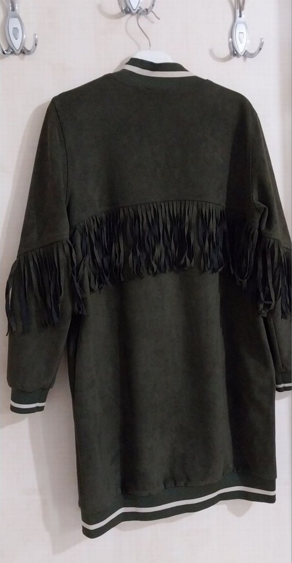 Haki Uzun Kollu Püsküllü Süet Kadın Kaban - Görsel 2