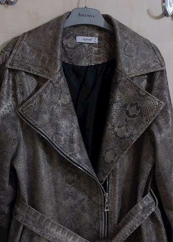 Gri Yılan Desenli Midi Deri Görünümlü Ceket - Görsel 5