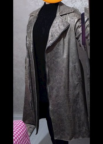 Gri Yılan Desenli Midi Deri Görünümlü Ceket - Görsel 2