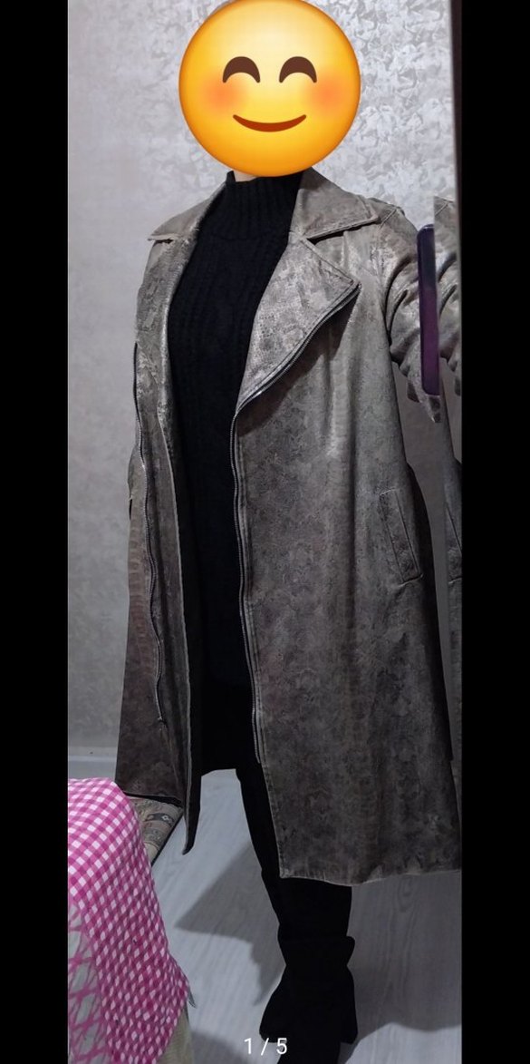 Gri Yılan Desenli Midi Deri Görünümlü Ceket - Görsel 2