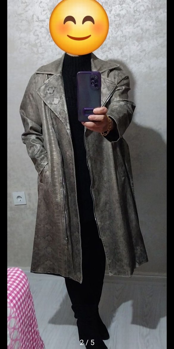 Gri Yılan Desenli Midi Deri Görünümlü Ceket - Görsel 3