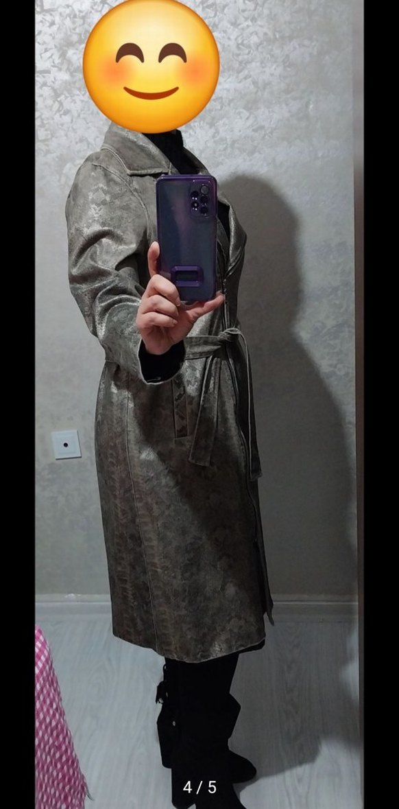 Gri Yılan Desenli Midi Deri Görünümlü Ceket - Görsel 4