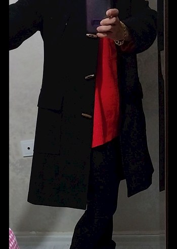 Düğmeli Siyah Midi Kadın Kaban - Görsel 2