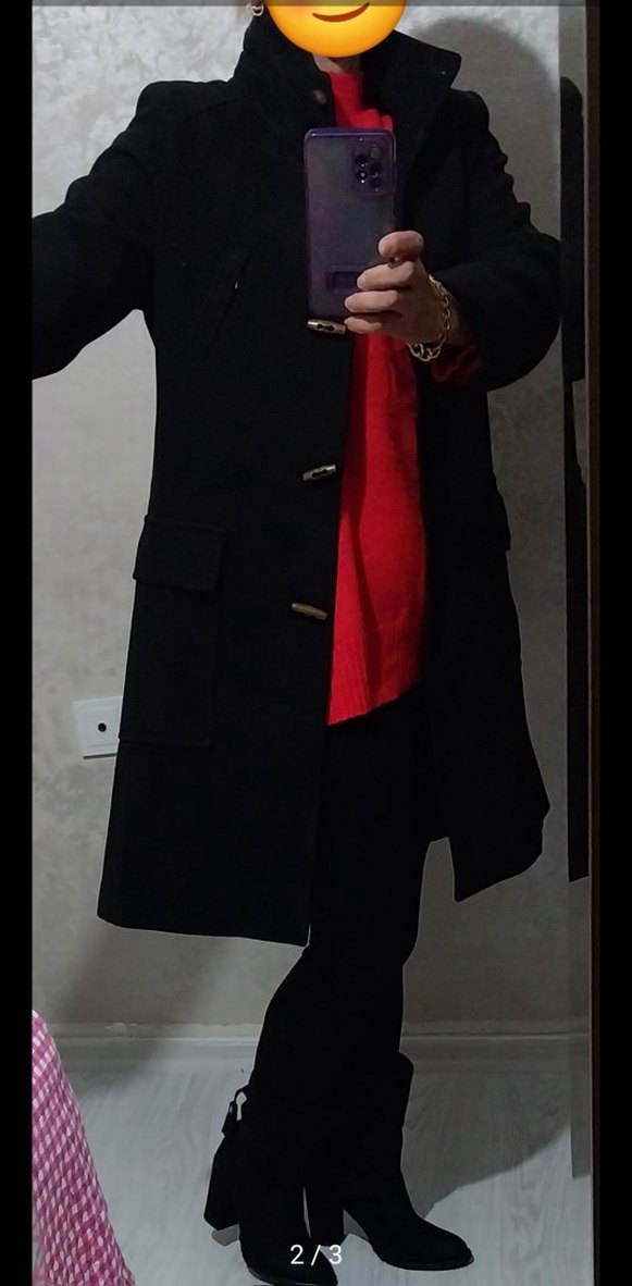 Düğmeli Siyah Midi Kadın Kaban - Görsel 2