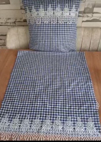 Lacivert Ekose Desenli runner ve iki kırlent kılıfı - Görsel 2