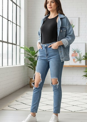 Gevşek Kesim Yırtık Midi Kot Pantolon - Görsel 2