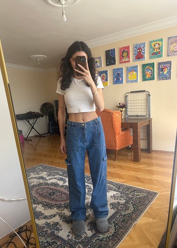 29 Beden mavi Renk Kadın Mavi Bol Kesim Midi Denim Pantolon