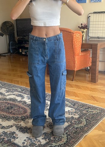 Kadın Mavi Bol Kesim Midi Denim Pantolon