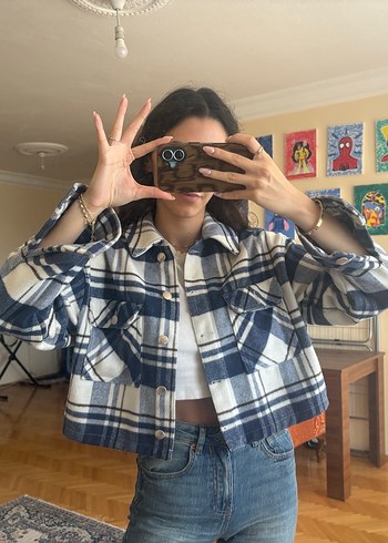 s Beden mavi Renk Mavi Kareli Denim Salaş Gömlek ceket