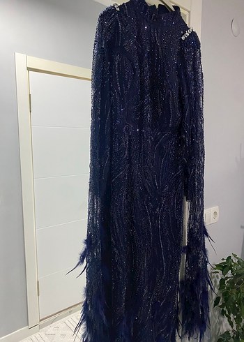 Kenzo Uzun Kollu Lacivert Nakışlı Abiye Elbise
