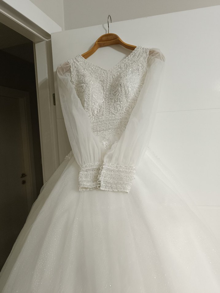 Vintage V Yaka Uzun Kollu Prenses Gelinlik - Görsel 2