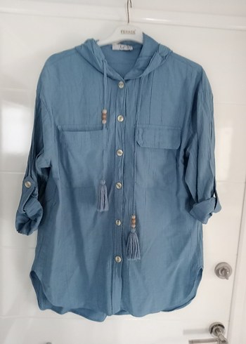 Mavi Keten Kadın Gömlek Kapüşonlu - Görsel 3