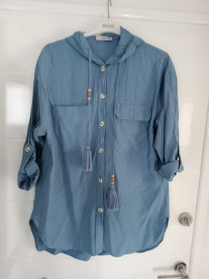 Mavi Keten Kadın Gömlek Kapüşonlu - Görsel 3