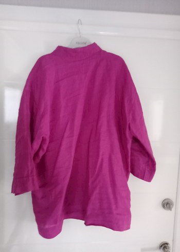 Düğmeli Mor Keten Kadın Gömlek - Görsel 2