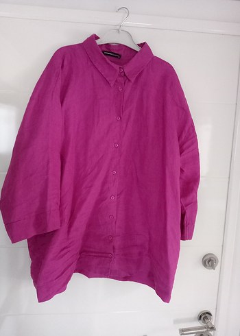 Düğmeli Mor Keten Kadın Gömlek - Görsel 3