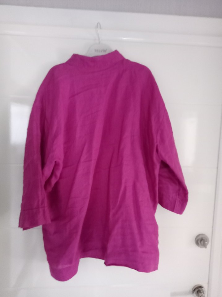 Düğmeli Mor Keten Kadın Gömlek - Görsel 2