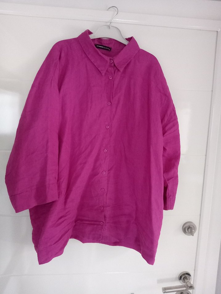 Düğmeli Mor Keten Kadın Gömlek - Görsel 3