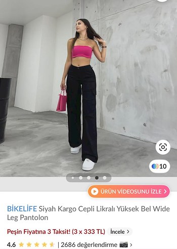 42 Beden BİKELİFE Siyah Kargo Cepli Yüksek Bel Wide Leg Pantolon
