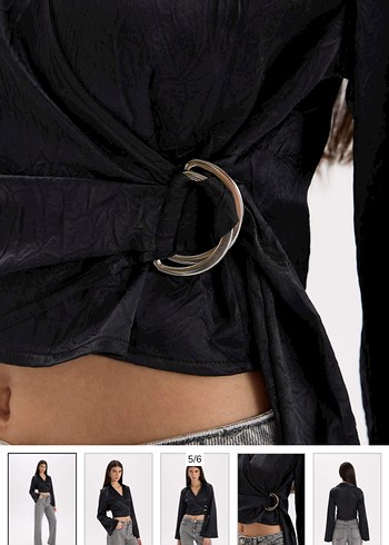 Siyah Kemerli V Yaka saten Bluz - Görsel 4