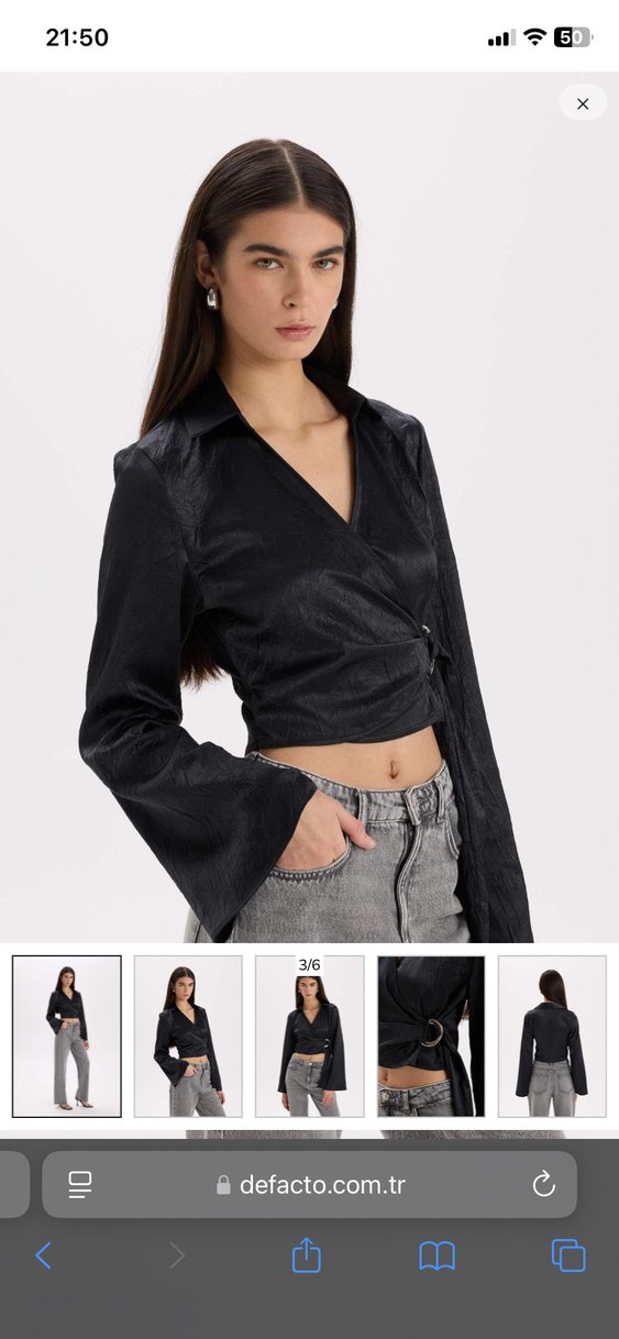 Siyah Kemerli V Yaka saten Bluz - Görsel 2