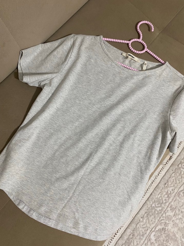 Gri Koton Kadın T-shirt, Kısa Kollu, Salaş Kesim - Görsel 2