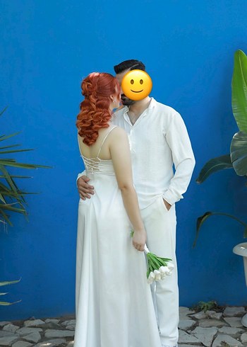 Beyaz Midi Straplez Düğün Elbisesi - Görsel 2