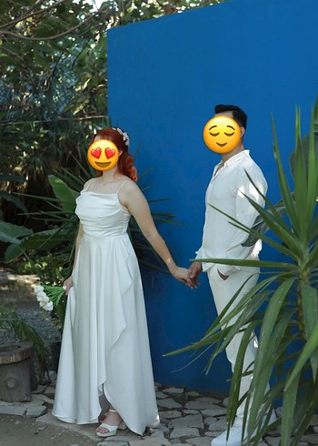 Beyaz Midi Straplez Düğün Elbisesi - Görsel 3