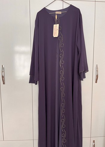 Mor Uzun Kollu Nakışlı Salaş Tesettür Elbise - Görsel 3