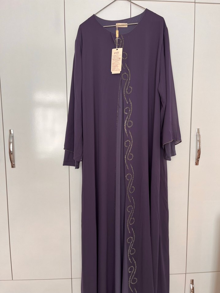Mor Uzun Kollu Nakışlı Salaş Tesettür Elbise - Görsel 3