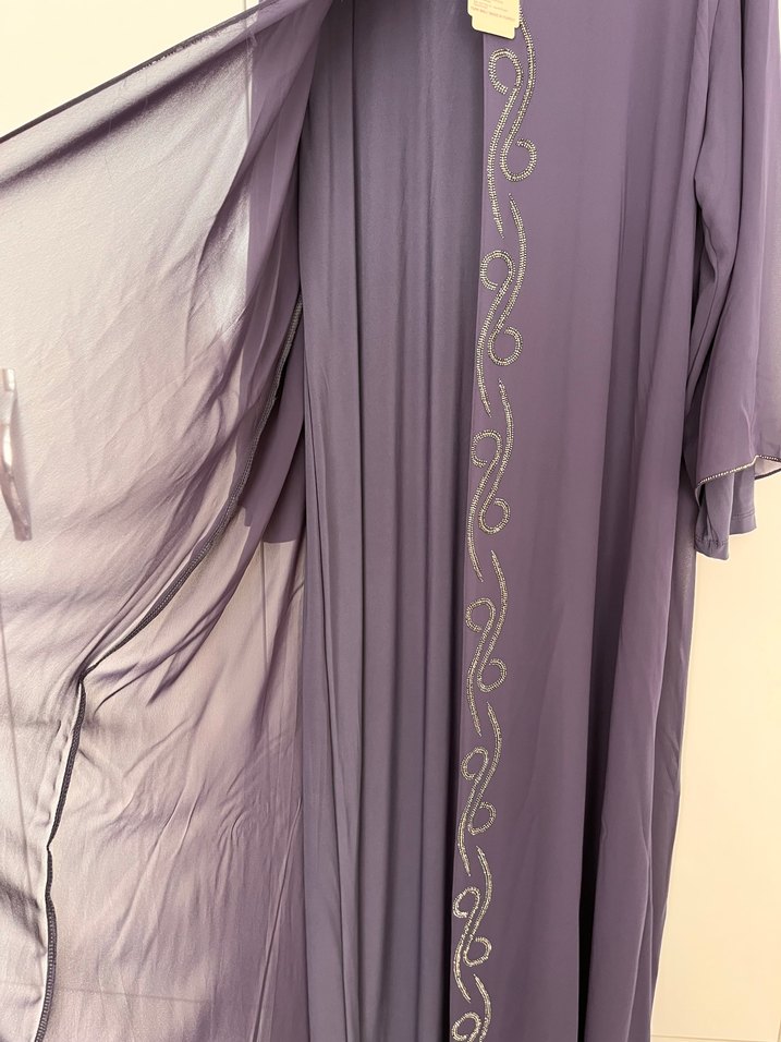 Mor Uzun Kollu Nakışlı Salaş Tesettür Elbise - Görsel 4